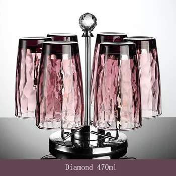 

Europe Diamond lead-free Glass cup 6 cup and Cup holder 470ml whiskey glass beer glass Wine Cups Household Drinkware
