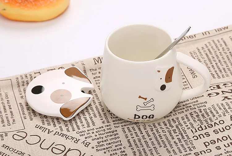 Милая мультяшная кофейная чашка, креативная кружка собака с крышкой и ложкой, керамические молочные кружки, офисные чашки для завтрака, Прямая поставка