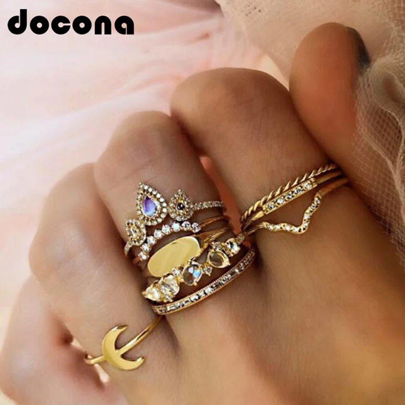 

Docona Fashion Punk Gold Color Colorful Rhinestone Crystal Knuckle Midi Ring Set For Women Geometric Party Jewelry Anillos 4875