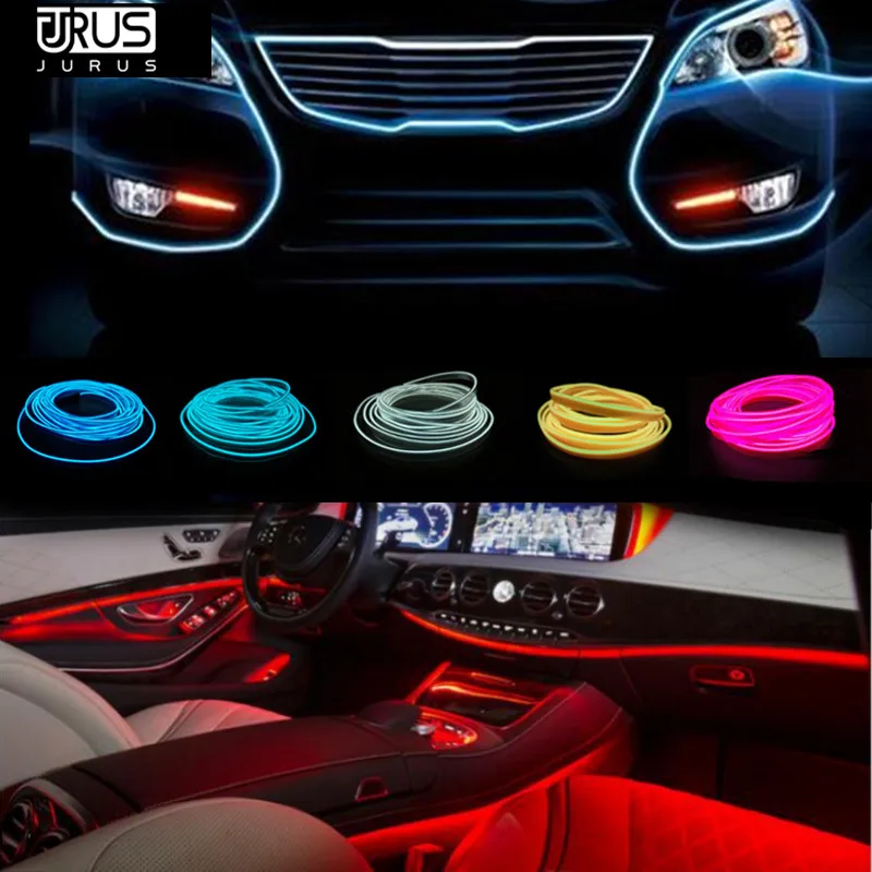 

2pcs 2.3mm 1m/2m/3m flexible neon light glow el salon wire flat led strip for car interior lights with Controller Free shipping