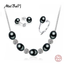 [Meibapj] Новинка года 8-9 мм AAAA черный Ювелирные изделия из жемчуга комплект реальных твердых стерлингового серебра Свадебная вечеринка украшения для Для женщин подарочная коробка