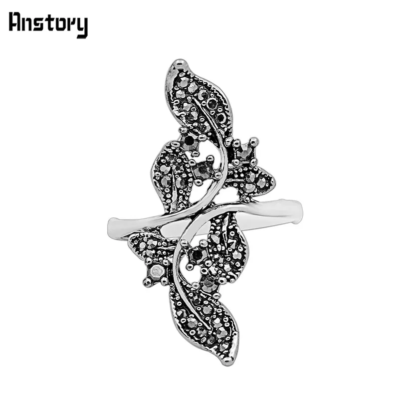 

Rhinestone Leaf Plant Rings For Women Vintage Antique Silver Plated Jewelry TR490