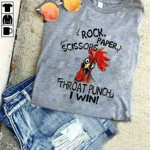 

Funny Chicken Rock Paper Scissors Throat Punch I Win Men T-Shirt Grey Cotton