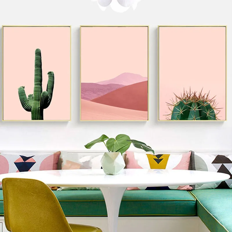 

Scandinavian Plant Wall Art Cactus Canvas Painting Minimalist Desert Pictures for Living Room Decor Pink Posters and Prints