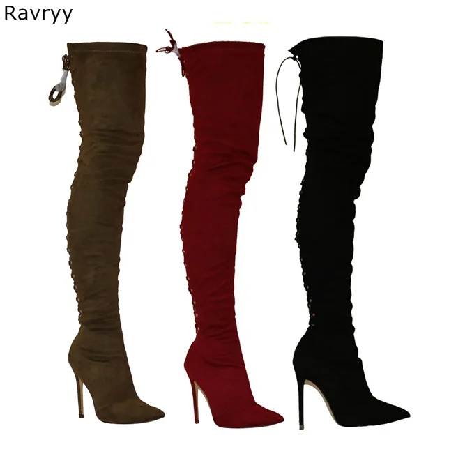 

Elastic wine red woman's long boots suede leather pointed toe thin heel autumn over-the-knee boot party club show female shoes