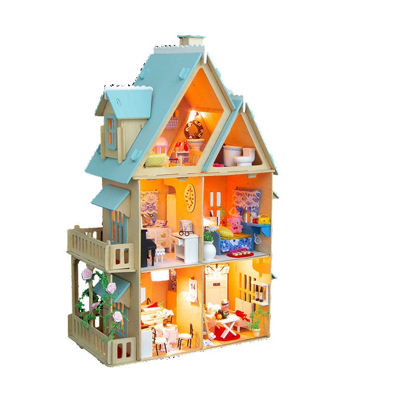 

3D Model Doll House Miniature DIY Dollhouse Villa Kit Wood Doll House Light Furniture Gift