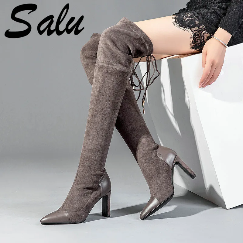 

Salu 2019 Over The Knee Boots Suede Leather Heels Black Thigh High Boots Pointed Toe 2019 Autumn Winter Boots Women Shoes