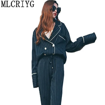 

2019 New Women Sets 2 Pieces Blazer +Pants Ladies Office Work Wear Business Suits Female Set Striped Long Coats Outwear LX104