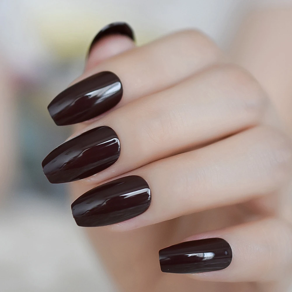 ソリッドカラージェル偽の爪爪に愛するチョコレートバレリーナ爪光沢のあるブラウンプレス False Nails Aliexpress