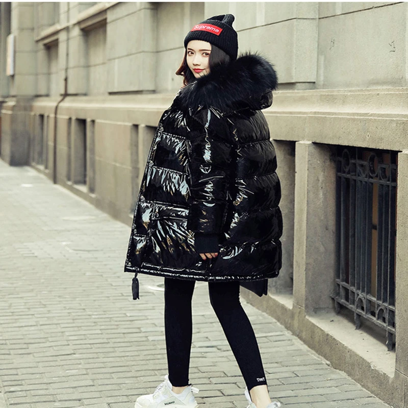 Winter Jacket Coat Women Fashion Glossy Large Fur Collar