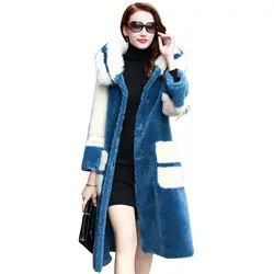 Новая настоящая 100% шерсть шуба женская одежда зимние пальто с капюшоном с лисьим меховым воротником Европейская овечья стрижка куртка Abrigo