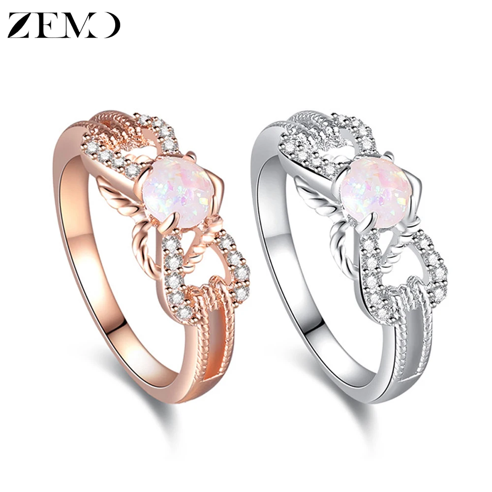

ZEMO Vintage Silver & Rose Gold Rings with Opal Stone Hollow Heart Shape Rings for Women Wedding Bands Jewelry Accessories 2019