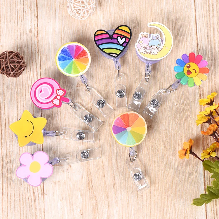 

1Pcs Cartoon Star Smile Heart Clover Donuts Mini Retractable Badge Reel Pull Key ID Name Nurse Id Card Holder Badge Holder