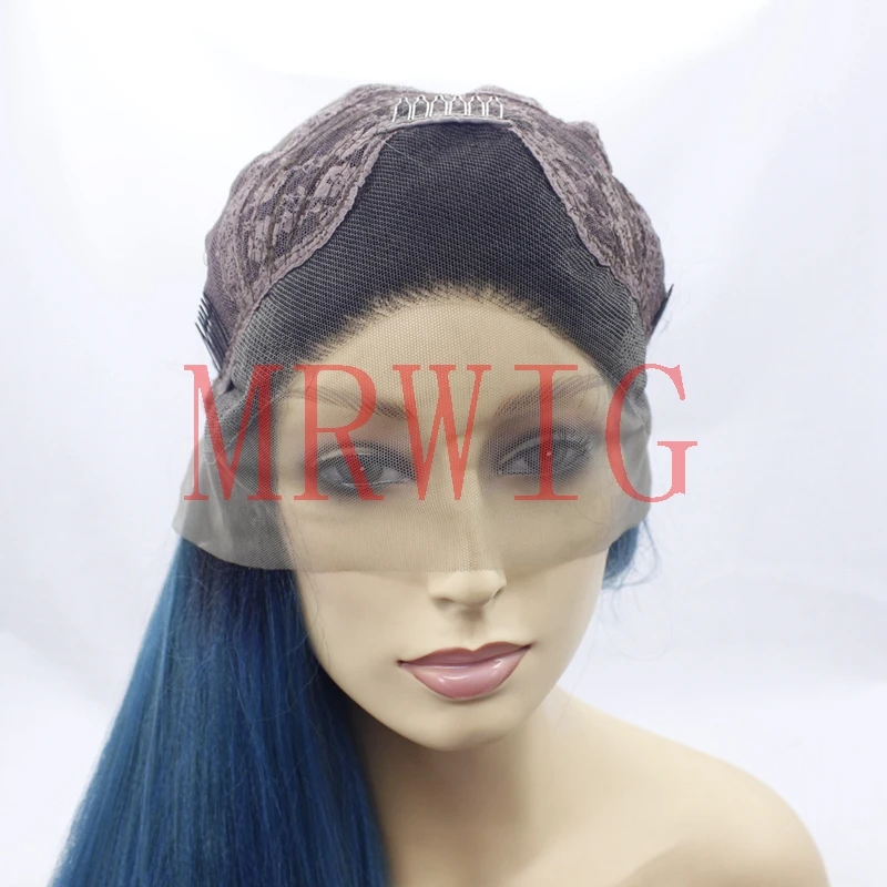 MRWIG длинный легкий yaki прямой фронтальный кружевной парик 1b # ombre смешанный синий
