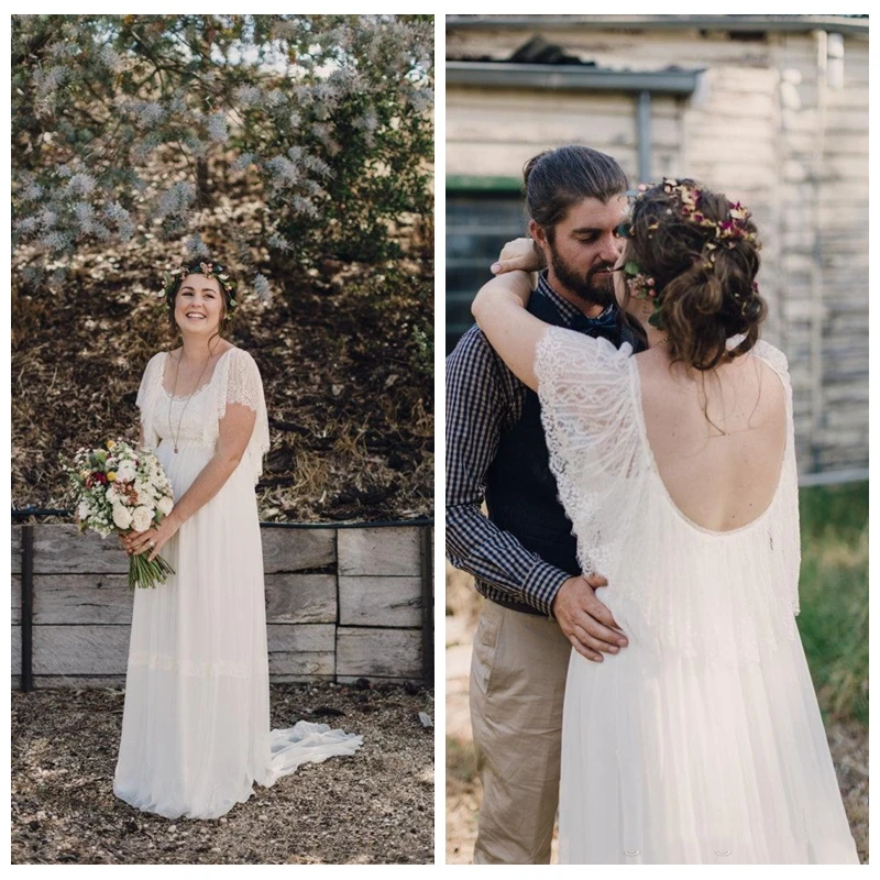 

2019 Scoop Lace Top A-Line Wedding Dress Chiffon Sweep Train Bridal Gowns Plus Size Countryside Vestidos De Marriage Custom