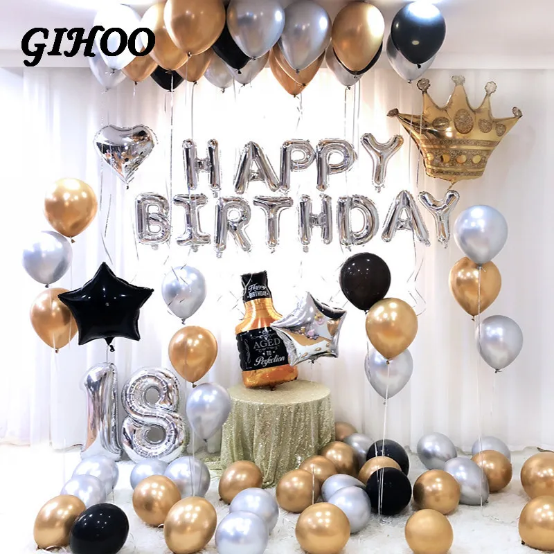

Metalic Gold Silver Latex Balloons Crown Happy Birthday Letter Balloons Star Heart Wedding Birthday Baby Shower Party Decoration