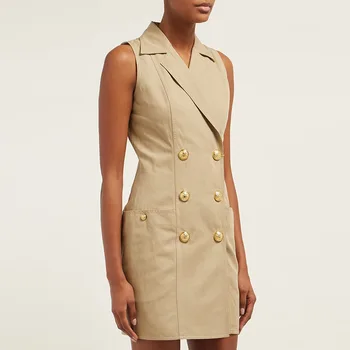 

New European and American Explosive Double breasted Lion Button Simple Sleeveless Jacket Dress