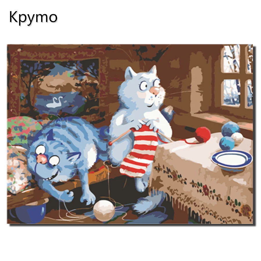 

Framed Blue white cat Painting By Numbers Home Decoration For Living Room Wall Art Europe Abstract Canvas Color numbers VA-0075