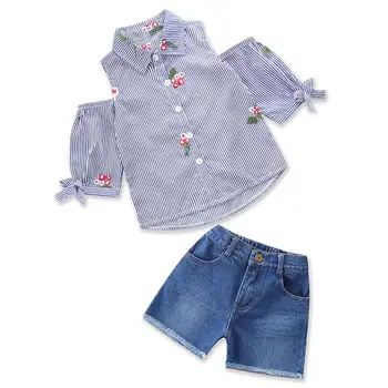 

2018 Baby Girls Summer Fashion Sets, Striped Embroidery T-shirt +Jean Shorts 5 sets/lot, Wholesale, Free Shipping