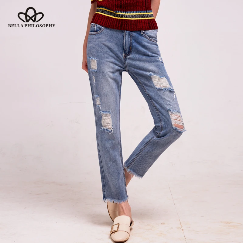 

Bella Philosophy 2018 Spring hole jeans female blue jeans women fashion mid waist pants cotton ripped jeans for women trousers