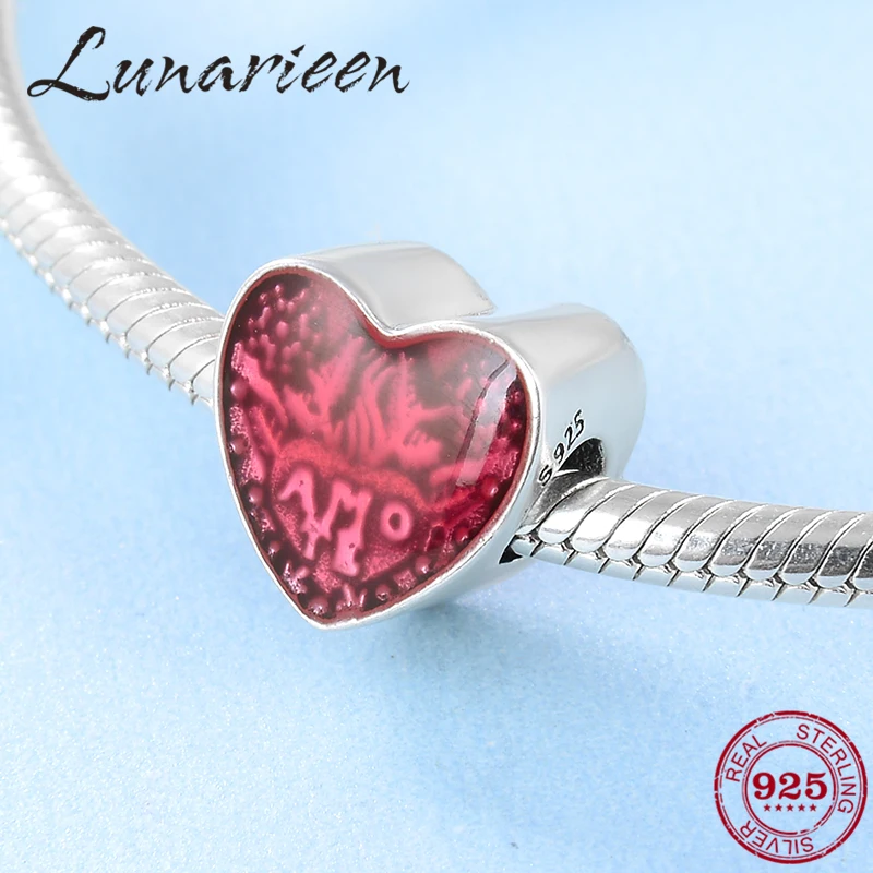 

925 Sterling Silver Fashion red heart shaped Enamel DIY beads Fit Original Pandora Charm Bracelet Jewelry making