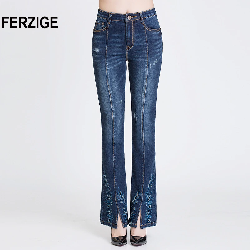 

FERZIGE Jeans Women Boot Cut Embroidered Flowers Hollow Out Flared Pants High Waist Stretch Long Trousers Sexy Ladies Push Up 36