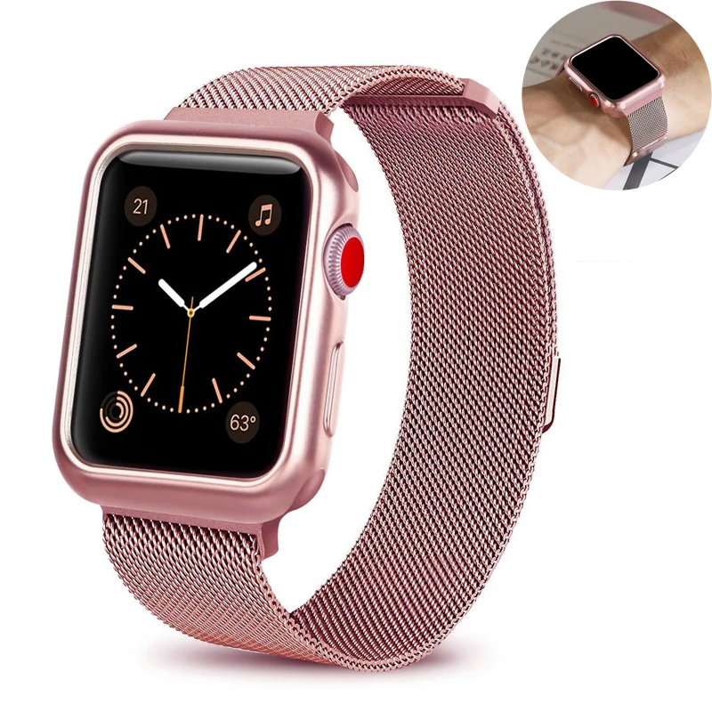 

case+milanese loop for apple watch band 4 42mm 38mm strap stainless steel metal bracelet for iwatch 3/2/1 Magnetic buckle belt
