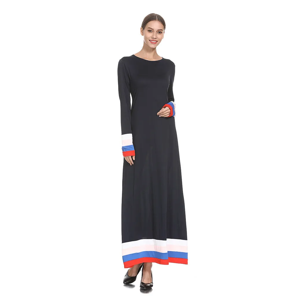 

Women's Muslim Solid Long Sleeve Arabian Dress Islam Jilbab Dress stripe Slim-looking floor-length dress casual dress L411A