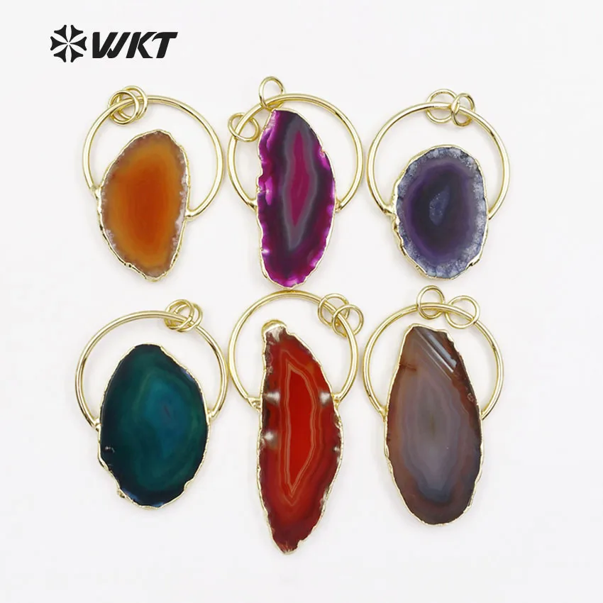 

WT-P1411 WKT New Colorful style with Natural Stone Round Pendants Slice Rings with manufacture Electroplate necklace