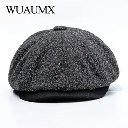 Wuaumx – casquette de journal unisexe rétro, chapeau octogonal chaud pour homme et femme, chapeau de détective, casquette de peintre, visières, automne hiver 