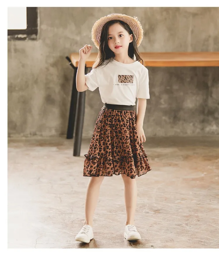 Girls Clothes Set Summer White Shirt with Leopard Cake Skirt 2 Pieces Sets Little Kids Casula Cotton Clothing Suit