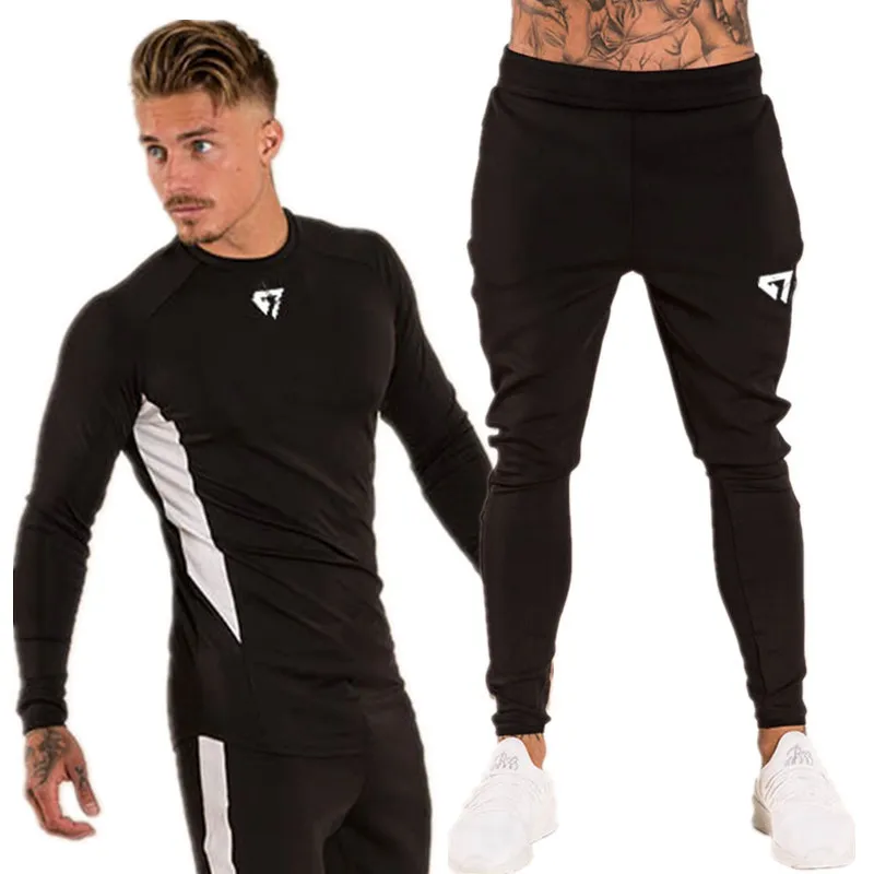 2019 Autumn Mens Tracksuit Sports Clothing Running Set Gyms long Sleeve T Shirt+Pants Men Sport Wear Fitness Clothing Sets