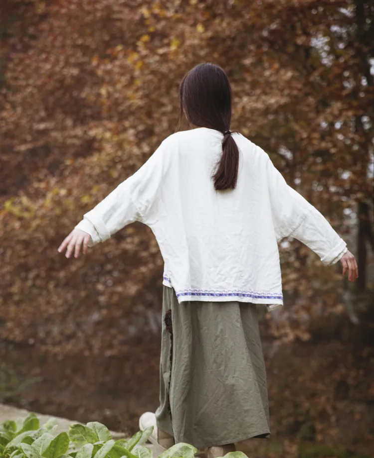 Новинка, осенняя Женская хлопковая льняная длинная юбка макси с цветочной аппликацией