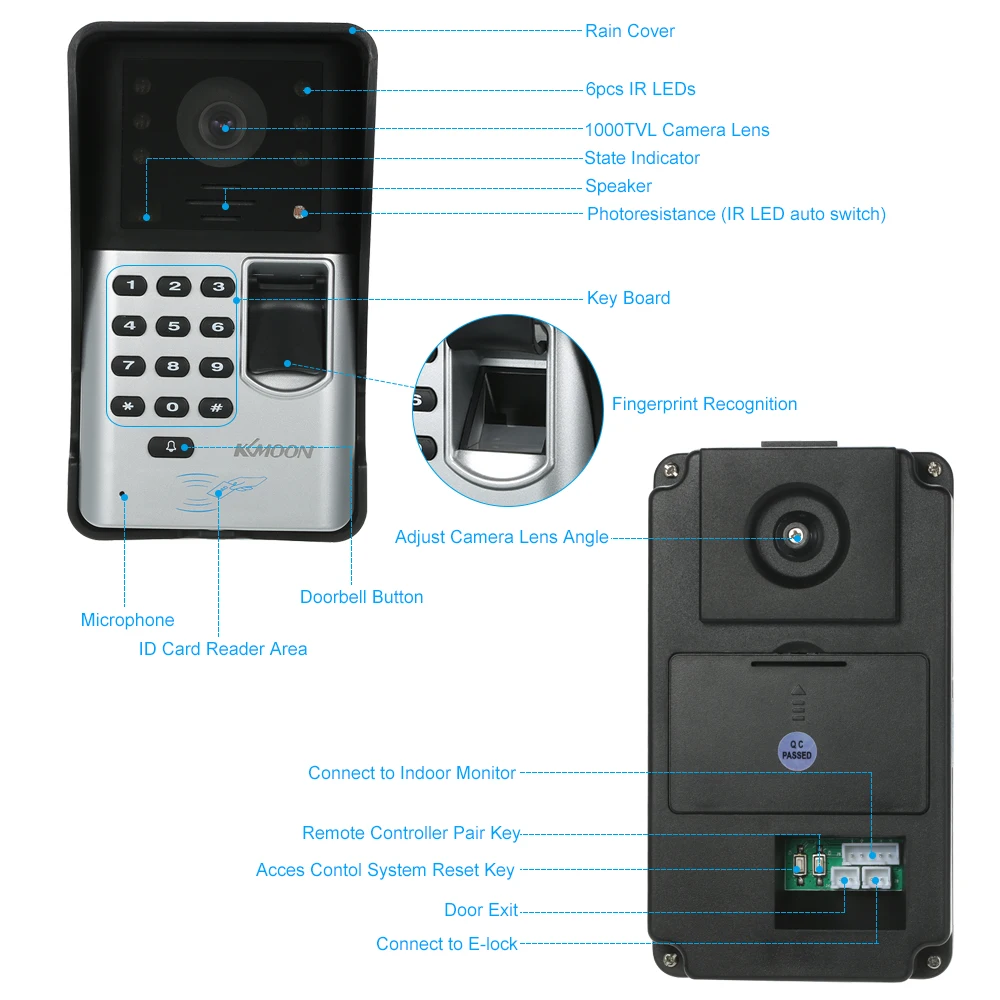 KKmoon 7 дюймов проводной видео дверной звонок визуальный двухсторонний домофон отпечаток пальца непромокаемый ночного видения пульт дистанционного разблокирования Видео дверной телефон