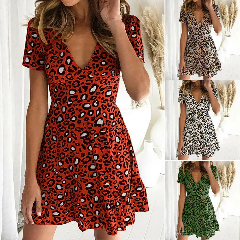 Women Leopard Print Sexy V Neck Dress New Fashion Ladies Summer Beach Short Mini Dress Sundress Casual Short Sleeve Party Dress