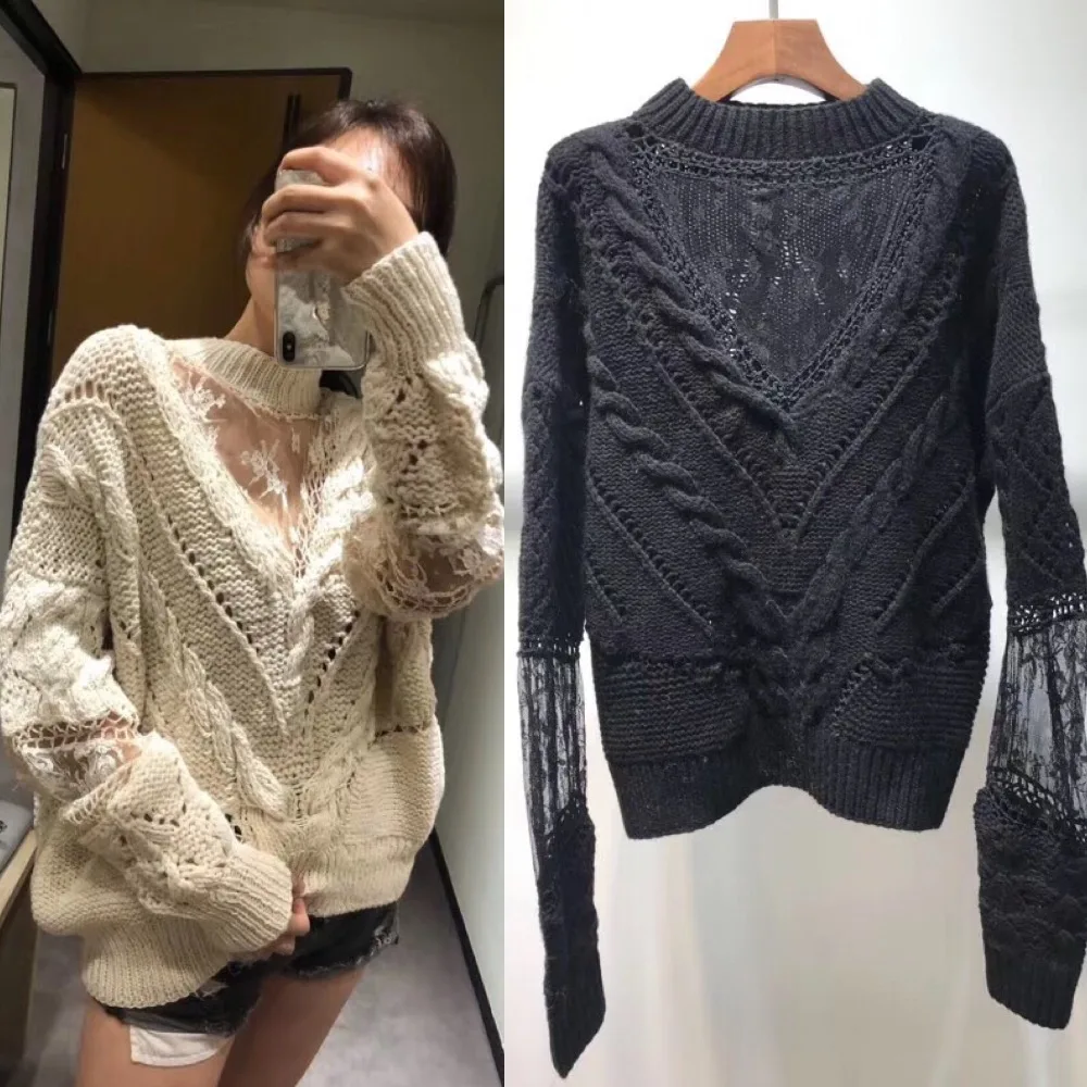 

Luxury High Quality 100% Wool Sweater Girls 2018 Autumn Casual Clothes Women Fashion Black White Lace Long Pullover