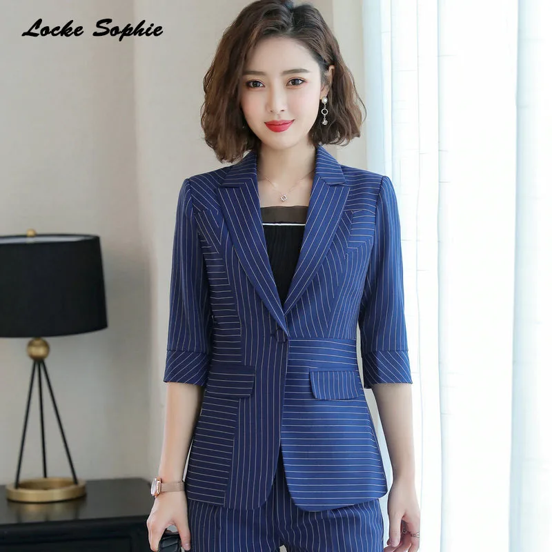 1pcs Women Plus size Blazers coats 2019 Summer cotton Single button stripe Small Suits jackets ladies Skinny Blazers Suits coats
