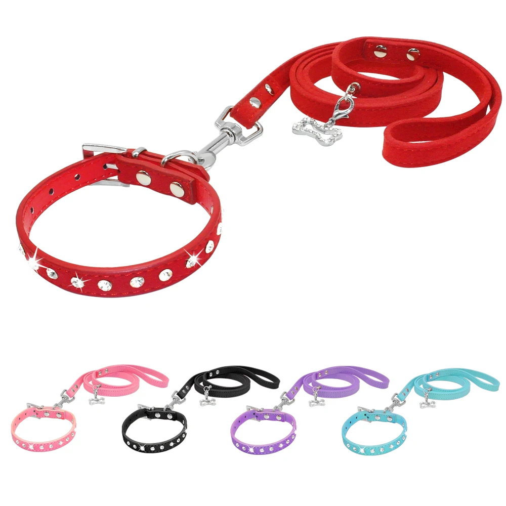Clear Rhinestones Diamante Soft Suede Leather Dog Puppy Cat Collars and