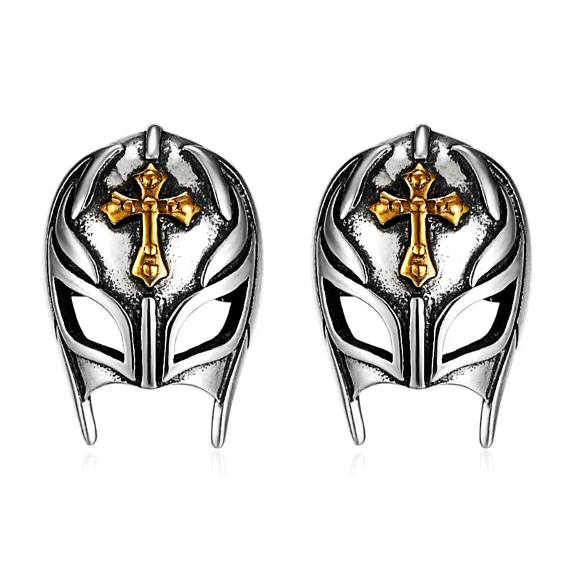 

VOJEFEN Men's Mask Mini Stud Earring Nordic Pagan Sparta Warrior Helmet Antique Silver Punk Stud earring(Sterling Silver)