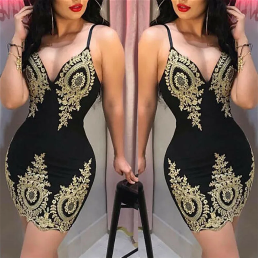 

2019 New Summer Women Ladies Sexy Retro Basic Slim Strap Applique Deep v collar Bodycon Dress Party Evening Mini Dress