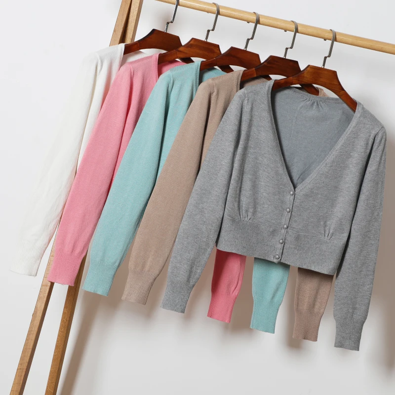Rozmiar M-XXL wiosna jesień kobiety Knitting pełna rękaw głęboki dekolt w serek krótki swetry rozpinane damskie z dzianiny miękki sweter dla kobiet -