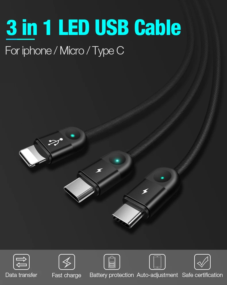 Cafele мульти светодиодный usb-кабель для iPhone кабель Micro USB C 3 в 1 Плетеный зарядный кабель для iPhone X/8 plus/7 plus