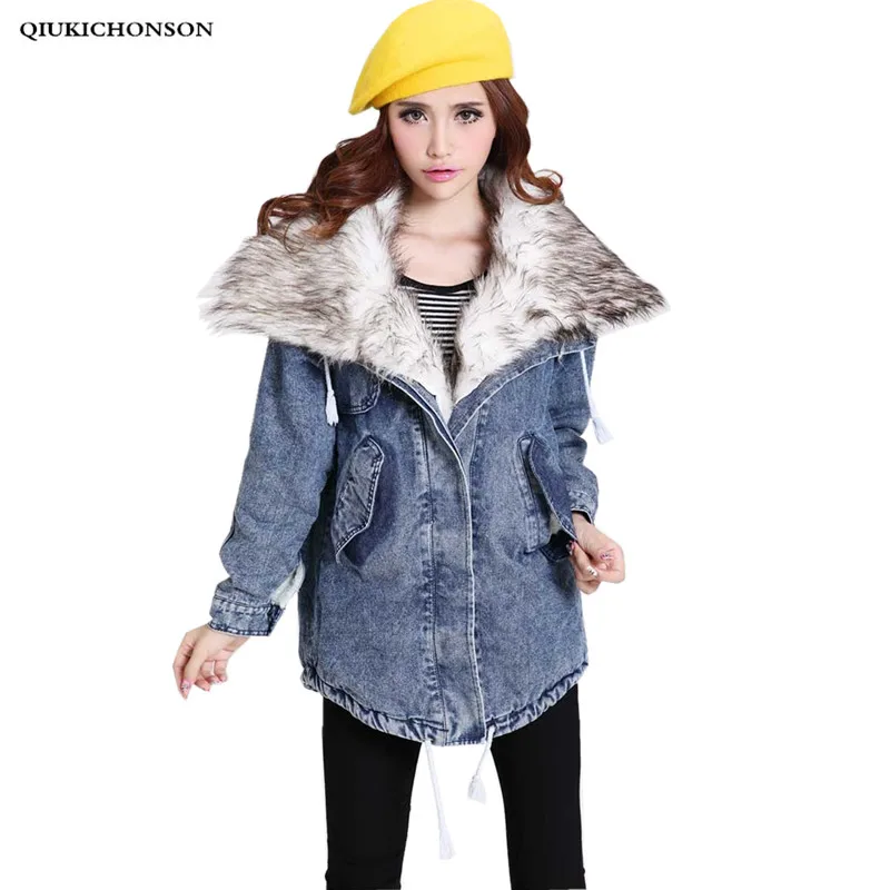 

Spring Autumn Winter Coat 2019 Fashion Women lambswool Jeans Jackets Long Sleeves Warm Fleece Outwear Wide Denim Jacket with Fur