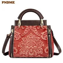 PNDME Роскошная тисненая женская сумка из натуральной кожи для женщин Цветы Модные Винтажные красные женские сумки через плечо