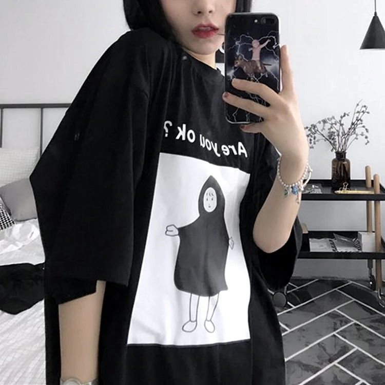 Корейская забавная черная футболка в стиле Харадзюку, женская футболка в стиле Kpop Ulzzang с милым графическим рисунком, женские футболки в стиле кавайного комикса, футболки для девочек 90s