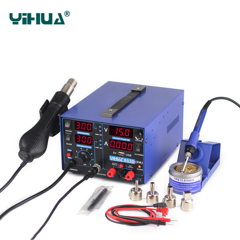 

YIHUA 853D 2A 5V USB output 3-in-1 hot air gun rework station Soldering station power welding machine 110V or 220V multifunction