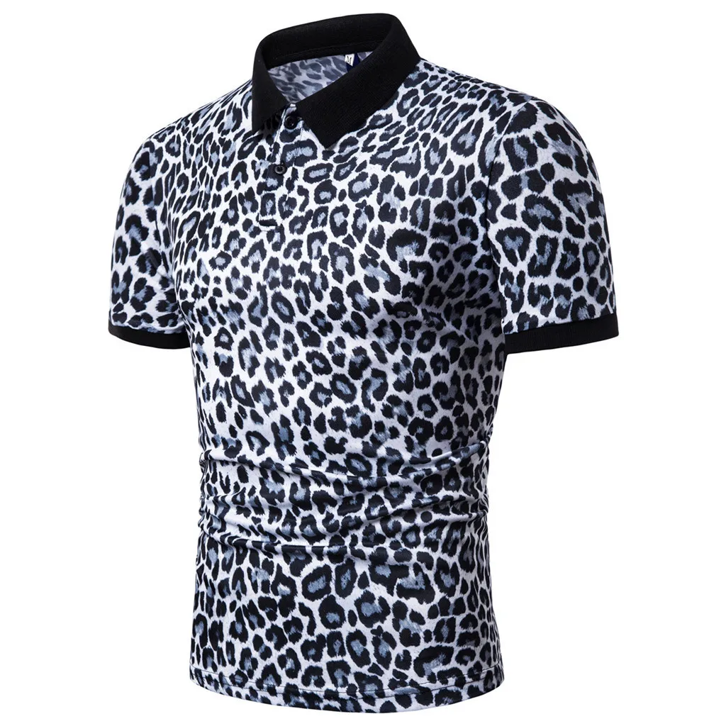 Мужские рубашки поло в спортивном стиле с коротким рукавом и отложным воротником, хлопковые дышащие топы с леопардовым принтом