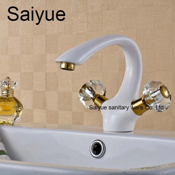 

New Arrival European Luxurious Grilled White Painting Crystal Golden Double Handle Hot and Cold Wash Basin Torneira
