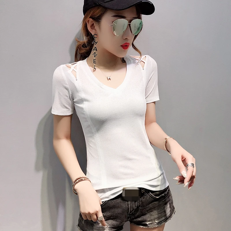 

Solid Fashion Sexy V-Neck Hollow Out Tshirt 2019 Summer Women Short Sleeve Top Shirt Clothes Camiseta Mujer Black White T96606