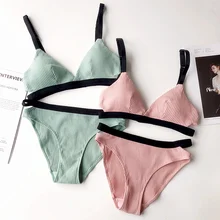 Экстра 2 цвета полный хлопок бюстгальтер с подушечкой и трусики набор удобная одежда для сна комплекты белья для молодых девушек девушки беспроводное нижнее белье